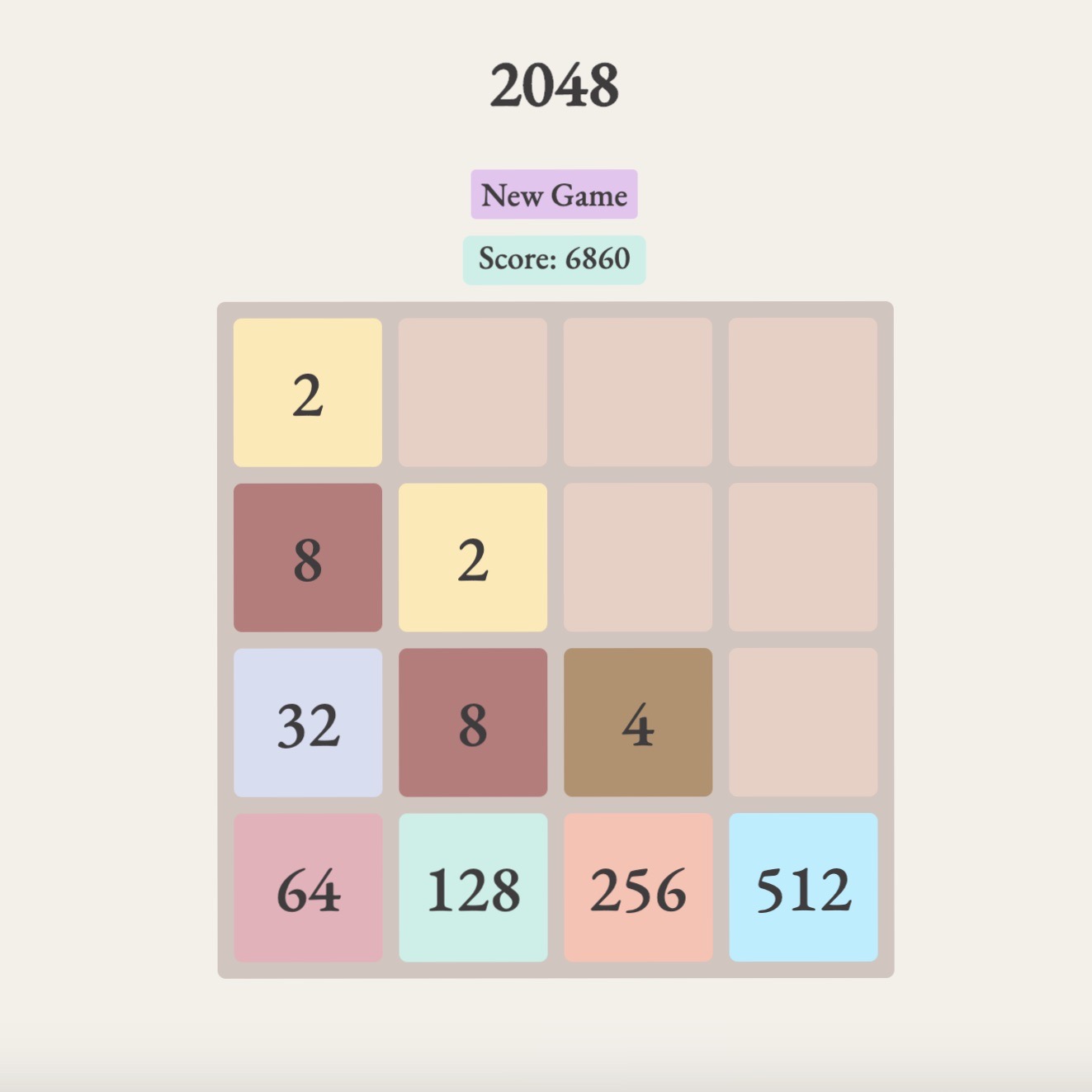 A picture of a dupe of the game 2048. It has a title of 2048, a New Game button, a score display and a 4 by 4 grid for gameplay.