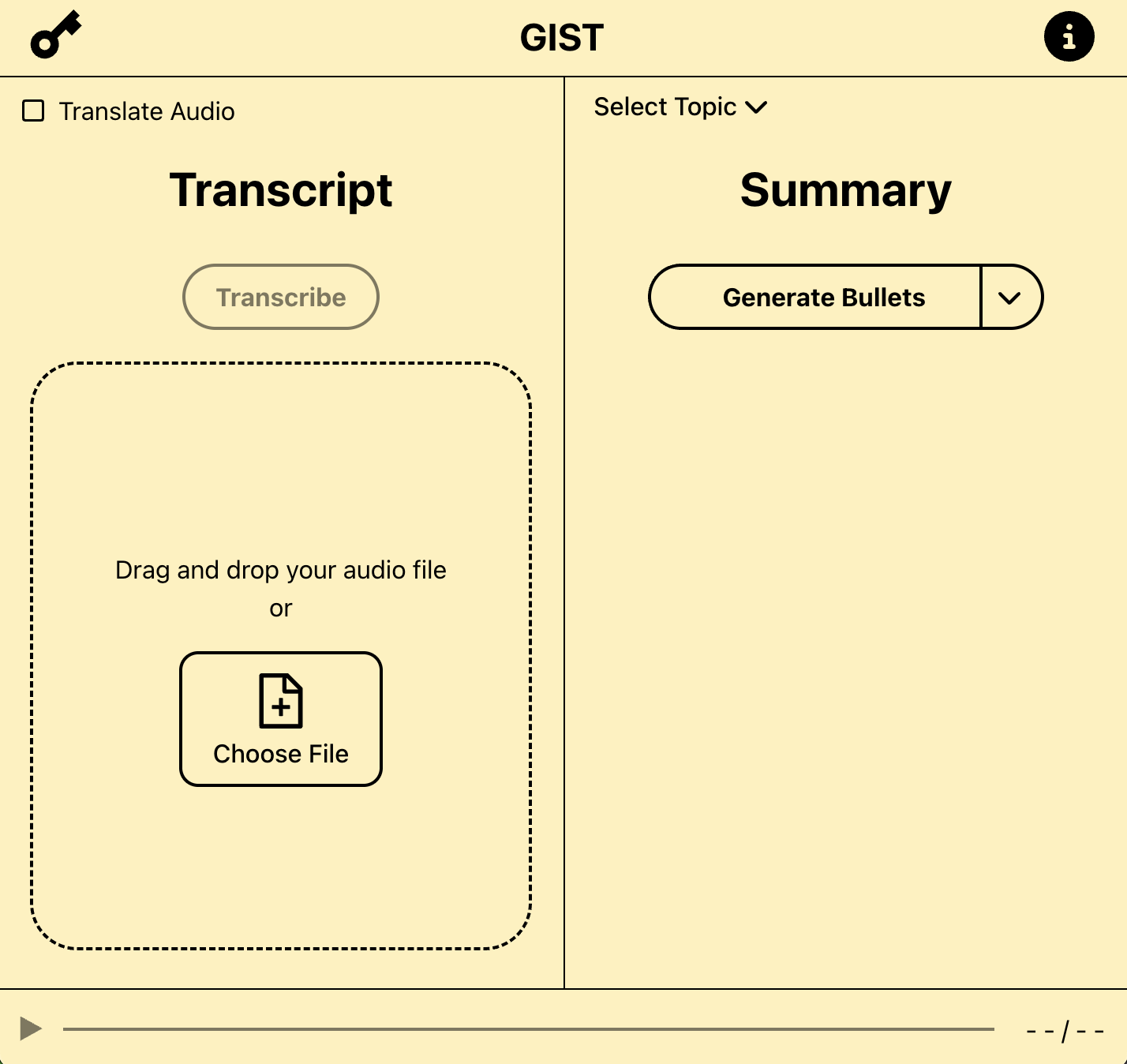 Tan website with the title of GIST. There is a transcribe section for dropping in an audio file to the left of the summary section with a dropdown menu that says generate bullets. Bottom of the page allows the audio file to be played.