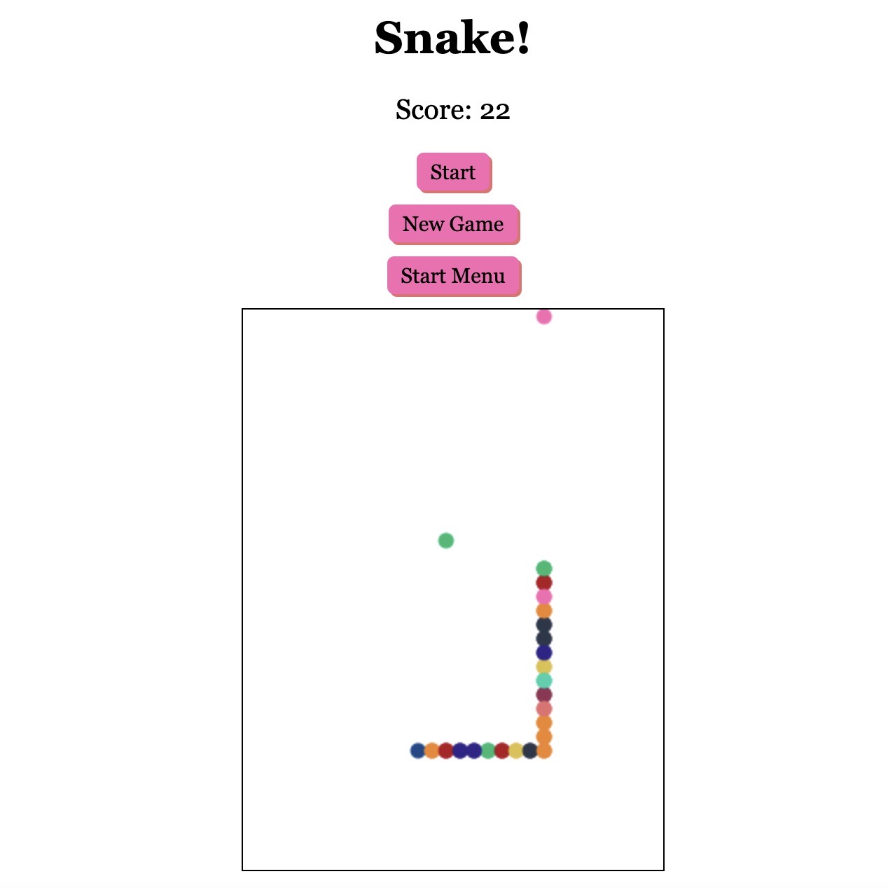A picture of a dupe of the game Snake. It has a tile of Snake, a score display, and three buttons labeled Start, New Game, and Start Menu, as well as rectangular space that has a line of connected dots and two dots elseware.
