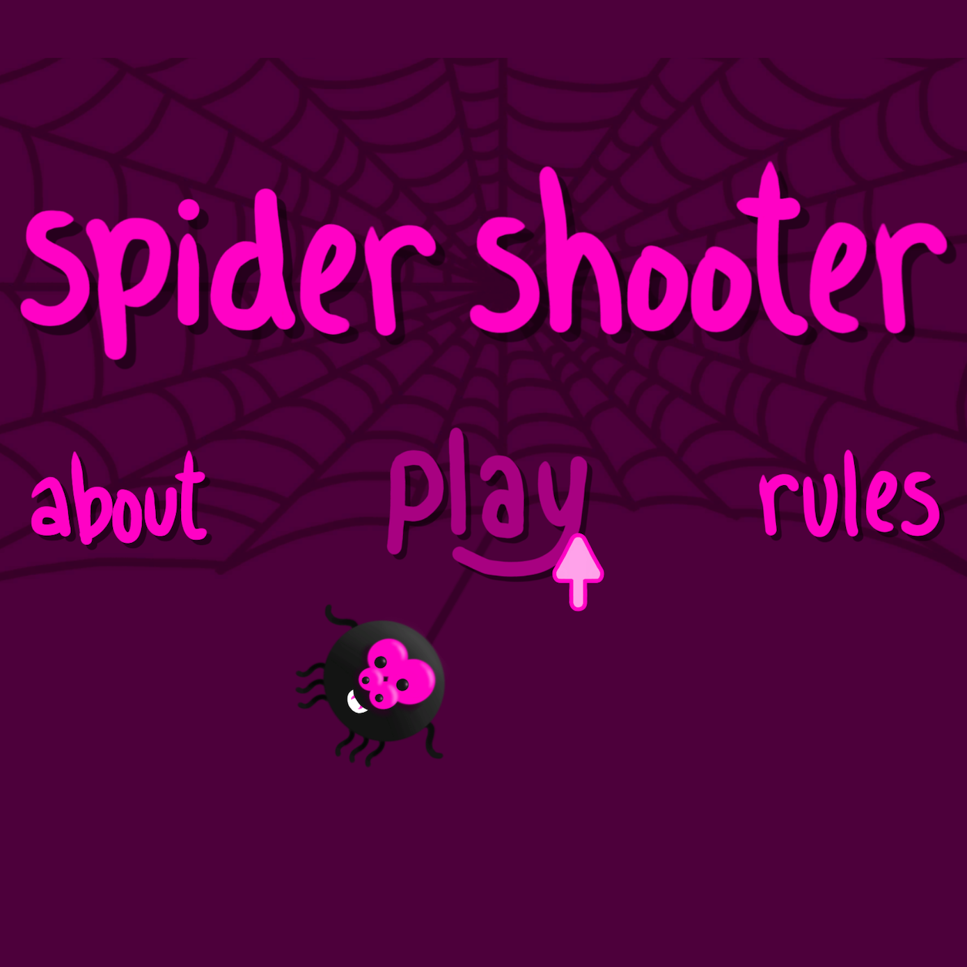 Opening screen for 2D game titled Spider Shooter. It has buttons labeled about, play, and rules. There is a cartoon spider hanging down from a spider web in the background.